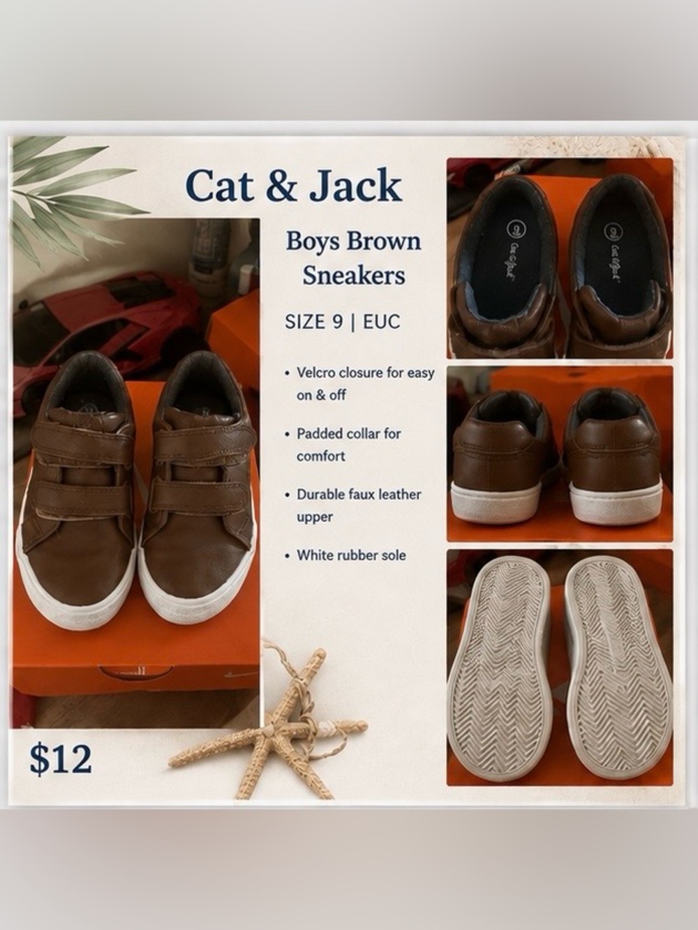 Cat & Jack Brown Faux Leather Kids Sneakers with White Sole